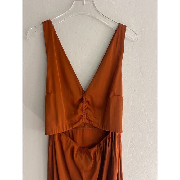 Abercrombie & Fitch Slip Dress S Midi Burnt Orange Satin Cinch Front Slit NEW - Picture 6 of 9